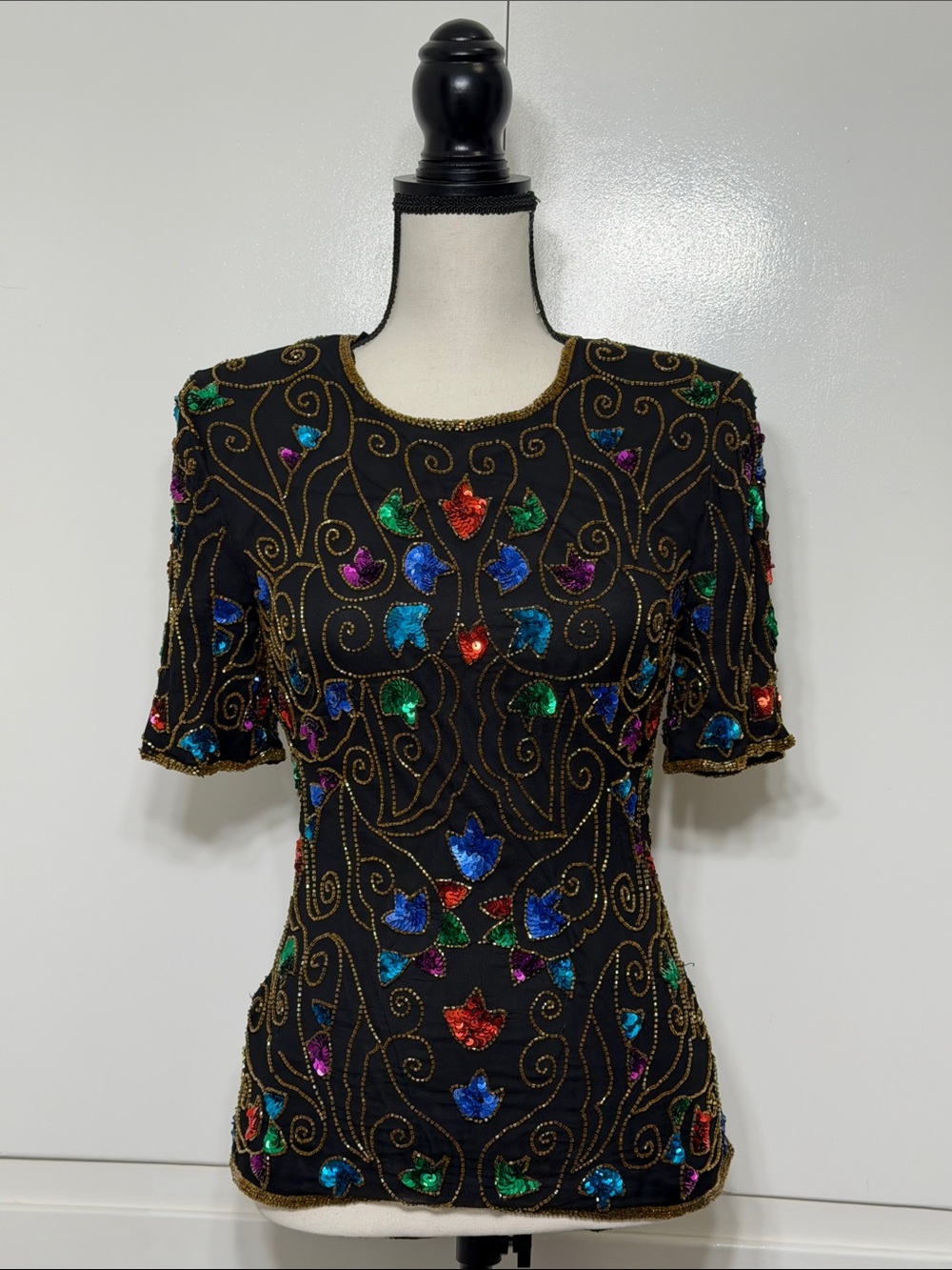 Vintage Sténay black blouse with colored sequins pattern